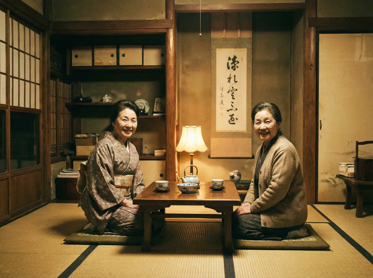 两位优雅的 邱淑贞 在日式茶室中品茶交谈